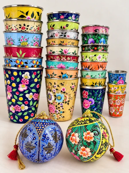 Coupelles fleuries et ornements colorés